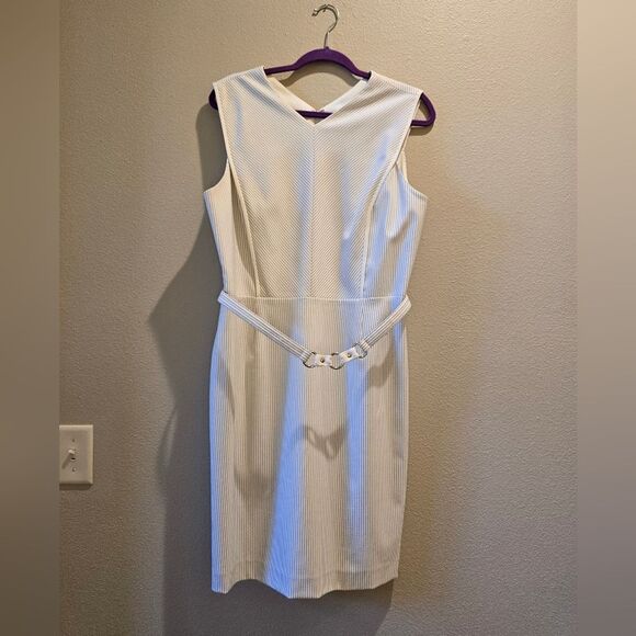 ANTONIO MELANI Cream Belted Midi Dress Sz 14 - Picture 1 of 3